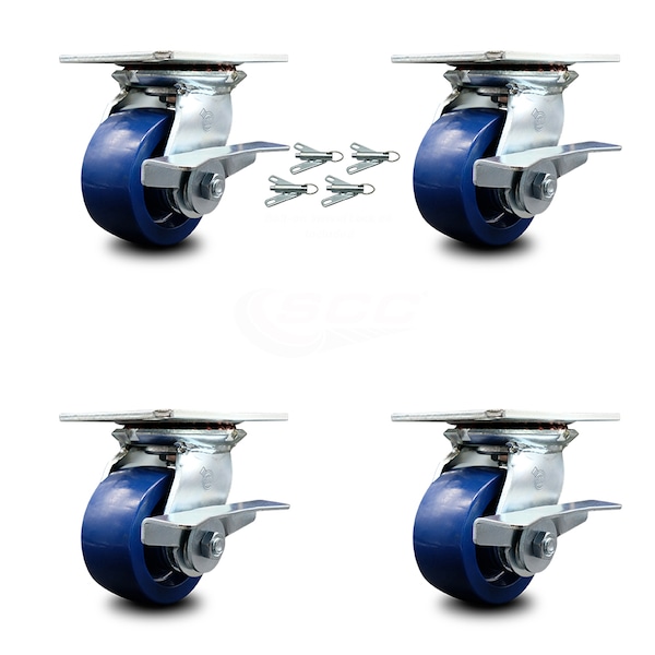 4 Inch Solid Poly Caster Set with Ball Bearings and Brakes/Swivel Locks SCC